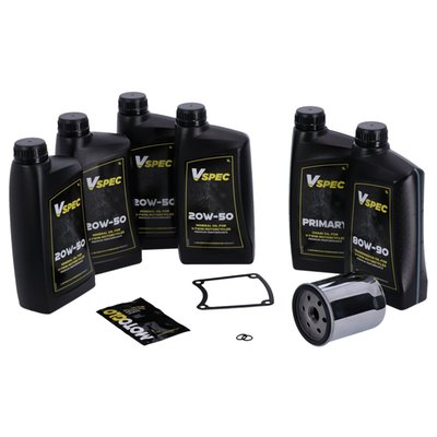 Includes: 4 liters SAE 20W50 mineral engine oil, 63796-77A oil filter chrome, 1 liter primary case oil, 1 liter 80W90 transmission oil, 34906-85D inspection cover gasket, 11105 O-ring drain plug. 

Quality mineral SAE 20W50 multigrade Vspec engine oil for bikes that require mineral engine oil. Meets or exceeds JASO MA/2. Our 'Big Oil' kit includes enough Vspec engine, transmission and primary oil to service the specific models as mentioned. Kit includes a chrome or black spin-on oil filter and all required drain plug seals and a primary derby/inspection cover gasket/seal to get the job done. The 'Big Oil' kit is perfect to full oil-service your bike during a regular service interval or before you store it for the for the winter period. Note: Comes with genuine Vspec high quality motor oil for all stock to high output engines. Note: OEM part numbers are given for reference only. Note: Used oil may contain harmful acids and/or other contaminants. Therefore it is advised to do an oil and filter change before winter storage. Note: Check your service manual for the recommended factory oil change intervals and oil change quantities.