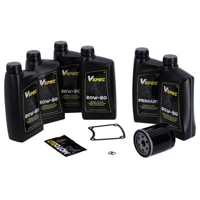 Includes: 4 liters SAE 20W50 mineral engine oil, 63805-80A oil filter black, 1 liter primary case oil, 1 liter 80W90 transmission oil, 34906-85D inspection cover gasket, 11105 O-ring drain plug. 

Quality mineral SAE 20W50 multigrade Vspec engine oil for bikes that require mineral engine oil. Meets or exceeds JASO MA/2. Our 'Big Oil' kit includes enough Vspec engine, transmission and primary oil to service the specific models as mentioned. Kit includes a chrome or black spin-on oil filter and all required drain plug seals and a primary derby/inspection cover gasket/seal to get the job done. The 'Big Oil' kit is perfect to full oil-service your bike during a regular service interval or before you store it for the for the winter period. Note: Comes with genuine Vspec high quality motor oil for all stock to high output engines. Note: OEM part numbers are given for reference only. Note: Used oil may contain harmful acids and/or other contaminants. Therefore it is advised to do an oil and filter change before winter storage. Note: Check your service manual for the recommended factory oil change intervals and oil change quantities.