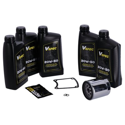 Includes: 6 liters SAE 20W50 3-1 full synthetic engine / primary / transmission oil, 63798-99A oil filter chrome, 34906-85D inspection cover gasket, 11105 O-ring drain plug. 

Quality 20W50 full synthetic Vspec oil. Special All in One solution blend for use as engine / primary / transmission oil. Okay to mix with all mineral and semi-synthetic oils. Meets or exceeds JASO MA/2. 
Our 'Big Oil' kit includes enough Vspec engine, transmission and primary oil to service the specific models as mentioned. Kit includes a chrome or black spin-on oil filter and all required drain plug seals and a primary derby/inspection cover gasket/seal to get the job done. The 'Big Oil' kit is perfect to full oil-service your bike during a regular service interval or before you store it for the for the winter period. 
Note: Comes with genuine Vspec high quality motor oil for all stock to high output engines. 
Note: OEM part numbers are given for reference only. 
Note: Used oil may contain harmful acids and/or other contaminants. Therefore it is advised to do an oil and filter change before winter storage. 
Note: Check your service manual for the recommended factory oil change intervals and oil change quantities. 