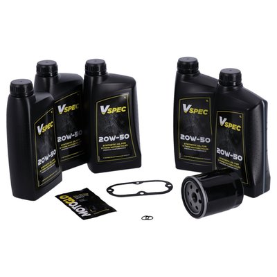 Includes: 5 liters SAE 20W50 3-1 full synthetic engine / primary / transmission oil, 63805-80A oil filter black, 60567-90C inspection cover gasket, 11105 O-ring drain plug. 

Quality 20W50 full synthetic Vspec oil. All in One solution. Can be used as engine / primary / transmission oil. Okay to mix with all mineral and semi-synthetic oils. Meets or exceeds JASO MA/2. 
Our 'Big Oil' kit includes enough Vspec engine, transmission and primary oil to service the specific models as mentioned. Kit includes a chrome or black spin-on oil filter and all required drain plug seals and a primary derby/inspection cover gasket/seal to get the job done. The 'Big Oil' kit is perfect to full oil-service your bike during a regular service interval or before you store it for the for the winter period. 
Note: Comes with genuine Vspec high quality motor oil for all stock to high output engines. 
Note: OEM part numbers are given for reference only. 
Note: Used oil may contain harmful acids and/or other contaminants. Therefore it is advised to do an oil and filter change before winter storage. 
Note: Check your service manual for the recommended factory oil change intervals and oil change quantities. 