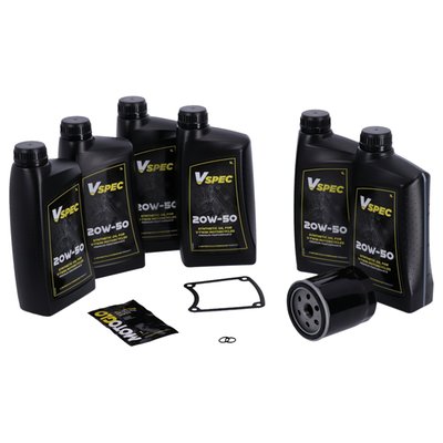 Includes: 6 liters SAE 20W50 3-1 full synthetic engine / primary / transmission oil, 63805-80A oil filter chrome, 34906-85D inspection cover gasket, 11105 O-ring drain plug. 

Quality 20W50 full synthetic Vspec oil. Special All in One solution blend for use as engine / primary / transmission oil. Okay to mix with all mineral and semi-synthetic oils. Meets or exceeds JASO MA/2. 
Our 'Big Oil' kit includes enough Vspec engine, transmission and primary oil to service the specific models as mentioned. Kit includes a chrome or black spin-on oil filter and all required drain plug seals and a primary derby/inspection cover gasket/seal to get the job done. The 'Big Oil' kit is perfect to full oil-service your bike during a regular service interval or before you store it for the for the winter period. 
Note: Comes with genuine Vspec high quality motor oil for all stock to high output engines. 
Note: OEM part numbers are given for reference only. 
Note: Used oil may contain harmful acids and/or other contaminants. Therefore it is advised to do an oil and filter change before winter storage. 
Note: Check your service manual for the recommended factory oil change intervals and oil change quantities. 