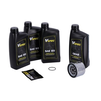 Includes: 3 liters SAE 50 mineral engine oil, 63782-80 oil filter chrome, 1 liter primary case/transmission oil, 11139 O-ring primary filler cap. 

Quality mineral SAE 50 monograde Vspec engine oil for bikes that require mineral monograde oil. Meets or exceeds JASO MA/2. 
This 'Big Oil' kit includes enough Vspec engine, transmission and primary oil to service the specific models as mentioned. Kit includes a chrome or black spin-on oil filter and all required drain plug seals and a primary derby/inspection cover gasket/seal to get the job done. The 'Big Oil' kit is perfect to full oil-service your bike during a regular service interval or before you store it for the for the winter period. 
Note: Comes with genuine Vspec high quality motor oil for all stock to high output engines. 
Note: OEM part numbers are given for reference only. 
Note: Used oil may contain harmful acids and/or other contaminants. Therefore it is advised to do an oil and filter change before winter storage. 
Note: Check your service manual for the recommended factory oil ch