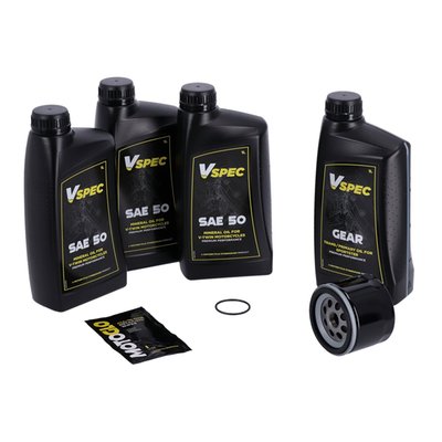 Includes: 3 liters SAE 50 mineral  engine oil, 63810-80A oil filter black, 1 liter primary case/transmission oil, 11139 O-ring primary filler cap. 

Quality mineral SAE 50 monograde Vspec engine oil for bikes that require mineral monograde oil. Meets or exceeds JASO MA/2. 
This 'Big Oil' kit includes enough Vspec engine, transmission and primary oil to service the specific models as mentioned. Kit includes a chrome or black spin-on oil filter and all required drain plug seals and a primary derby/inspection cover gasket/seal to get the job done. The 'Big Oil' kit is perfect to full oil-service your bike during a regular service interval or before you store it for the for the winter period. 
Note: Comes with genuine Vspec high quality motor oil for all stock to high output engines. 
Note: OEM part numbers are given for reference only. 
Note: Used oil may contain harmful acids and/or other contaminants. Therefore it is advised to do an oil and filter change before winter storage. 
Note: Check your service manual for the recommended factory oil ch