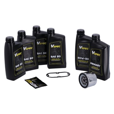 Includes: 4 liters SAE 50 mineral engine oil, 63782-80 oil filter chrome, 1 liter primary case oil, 1 liter 80W90 transmission oil, 60567-65B/60567-90C inspection cover gasket. 

Quality mineral SAE 50 monograde Vspec engine oil for bikes that require mineral monograde oil. Meets or exceeds JASO MA/2. 
This 'Big Oil' kit includes enough Vspec engine, transmission and primary oil to service the specific models as mentioned. Kit includes a chrome or black spin-on oil filter and all required drain plug seals and a primary derby/inspection cover gasket/seal to get the job done. The 'Big Oil' kit is perfect to full oil-service your bike during a regular service interval or before you store it for the for the winter period. 
Note: Comes with genuine Vspec high quality motor oil for all stock to high output engines. 
Note: OEM part numbers are given for reference only. 
Note: Used oil may contain harmful acids and/or other contaminants. Therefore it is advised to do an oil and filter change before winter storage. 
Note: Check your service manual for the recommended factory oil ch