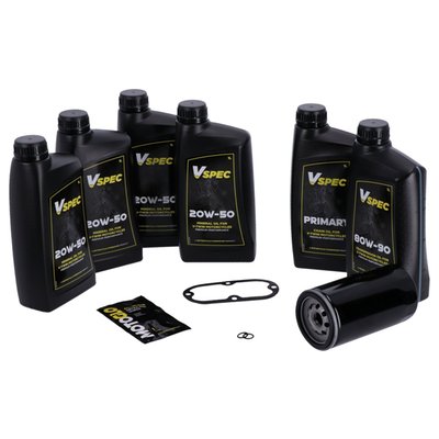 Includes: 4 liters SAE 20W50 mineral engine oil, 63812-90 extra long (as stock) oil filter black, 1 liter primary case oil, 1 liter 80W90 transmission oil, 60567-65B / 60567-90C inspection cover gasket, 11105 O-ring drain plug. 

Quality mineral SAE 20W50 multigrade Vspec engine oil for bikes that require mineral engine oil. Meets or exceeds JASO MA/2. Our 'Big Oil' kit includes enough Vspec engine, transmission and primary oil to service the specific models as mentioned. Kit includes a chrome or black spin-on oil filter and all required drain plug seals and a primary derby/inspection cover gasket/seal to get the job done. The 'Big Oil' kit is perfect to full oil-service your bike during a regular service interval or before you store it for the for the winter period.  Note: Comes with genuine Vspec high quality motor oil for all stock to high output engines.  Note: OEM part numbers are given for reference only.  Note: Used oil may contain harmful acids and/or other contaminants. Therefore it is advised to do an oil and filter change before winter storage.  Note: Check your service manual for the recommended factory oil change intervals and oil change quantities.
