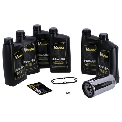 Includes: 6 liters SAE 20W50 3-1 full synthetic engine / primary / transmission oil, 63813-90 extra long (as stock) oil filter chrome, 60567-90C inspection cover gasket, 11105 O-ring drain plug. 

Quality 20W50 full synthetic Vspec oil. All in One solution. Can be used as engine / primary / transmission oil. Okay to mix with all mineral and semi-synthetic oils. Meets or exceeds JASO MA/2. 
Our 'Big Oil' kit includes enough Vspec engine, transmission and primary oil to service the specific models as mentioned. Kit includes a chrome or black spin-on oil filter and all required drain plug seals and a primary derby/inspection cover gasket/seal to get the job done. The 'Big Oil' kit is perfect to full oil-service your bike during a regular service interval or before you store it for the for the winter period. 
Note: Comes with genuine Vspec high quality motor oil for all stock to high output engines. 
Note: OEM part numbers are given for reference only. 
Note: Used oil may contain harmful acids and/or other contaminants. Therefore it is advised to do an oil and filter change before winter storage. 
Note: Check your service manual for the recommended factory oil change intervals and oil change quantities. 