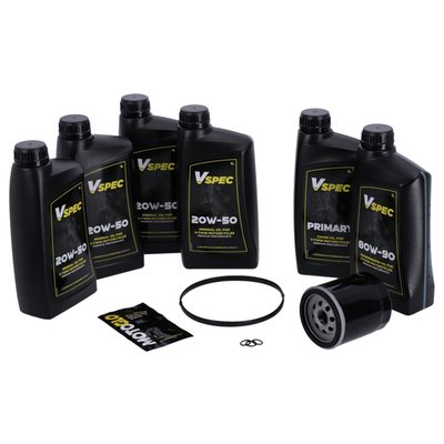 Includes: 4 liters SAE 20W50 mineral engine oil, 63731-99A oil filter black, 1 liter primary case oil, 1 liter 80W90 transmission oil, 17369-06 flat style 'O-ring' derby cover, 11105 O-ring drain plug. 

Quality mineral SAE 20W50 multigrade Vspec engine oil for bikes that require mineral engine oil. Meets or exceeds JASO MA/2. Our 'Big Oil' kit includes enough Vspec engine, transmission and primary oil to service the specific models as mentioned. Kit includes a chrome or black spin-on oil filter and all required drain plug seals and a primary derby/inspection cover gasket/seal to get the job done. The 'Big Oil' kit is perfect to full oil-service your bike during a regular service interval or before you store it for the for the winter period. Note: Comes with genuine Vspec high quality motor oil for all stock to high output engines. Note: OEM part numbers are given for reference only. Note: Used oil may contain harmful acids and/or other contaminants. Therefore it is advised to do an oil and filter change before winter storage. Note: Check your service manual for the recommended factory oil change intervals and oil change quantities.