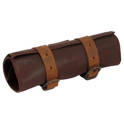 Marron brown. Made from waxed cotton and ranger leather straps. Rolls open and offers pre-stitched compartments for tools and other necessities. Installs with included leather straps. Approx. dimensions open: 35cm x 25cm.