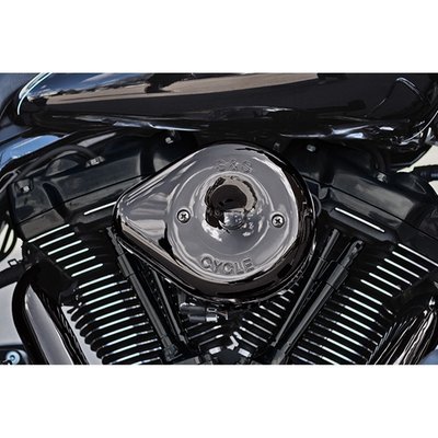 Kit comes with a standard size classic S&S teardrop cover, in a Lava Chrome (black chrome) finish that leverages the mirror finish of traditional chromium and gives it a smoky radiance producing a unique dark look. Includes a High-Flow filter element and an air directional stinger cone to guide the flow of air as smoothly as possible into the engine. 
Note: This filter can optionally be be used with the stock air cleaner cover, for a true stealth mode, but 558651 adapter is required when installing the OEM air cleaner cover. 