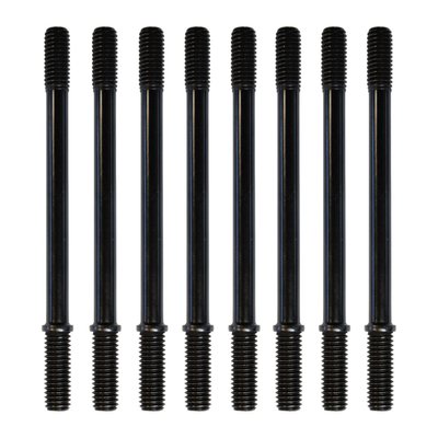 Direct replacement for the stock M8 cylinder studs. Quality is much higher and recommended for performance builds. Complete kit. 
- 4140 Chrome Moly 
- Oil quenched and tempered to 39-44 HRC 
- 180,000psi Tensile Strength 
- Rounded thread roots, rather than flat, improving fatigue strength 
- Positive stop shoulder allows for consistent installed height 
- OEM replacement reference 16800063