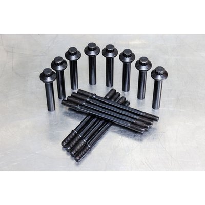 Direct replacement for the stock head bolts and cylinder studs. Quality is much higher and recommended for performance builds. Complete kit. 
Head bolts:
- Black oxide coated 
- Heat treated 8640 steel 
- 200.000 psi ultimate tensile strength 
- 9/16" 12 point head with integral washer 
- Formed threads 
- Cold formed head 
- Re-usable cylinder studs 
- 4140 Chrome Moly 
- Oil quenched and tempered to 39-44 HRC 
- 180,000psi Tensile Strength 
- Rounded thread roots, rather than flat, improving fatigue strength 
- Positive stop shoulder allows for consistent installed height