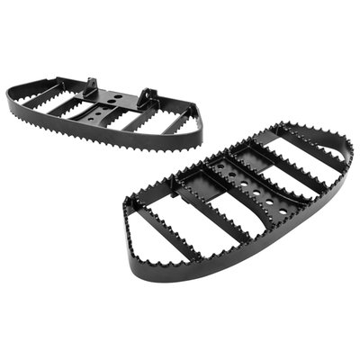 Satin black powder coated steel floorboards, TIG welded for strength. The serrated surface offers a bite that makes these boards offer unsurpassed grip for easy-riding in standard to extreme situations. 