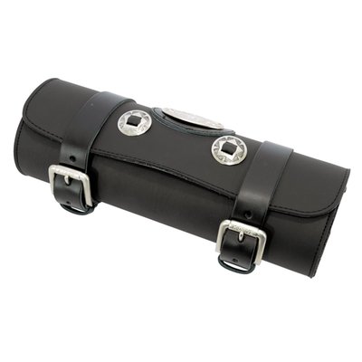 Universal genuine leather tool roll, installs with straps to forks, frame etc
Dimensions of this version: 33cm wide x 10,5cm diameter. 2.8 Liter volume

