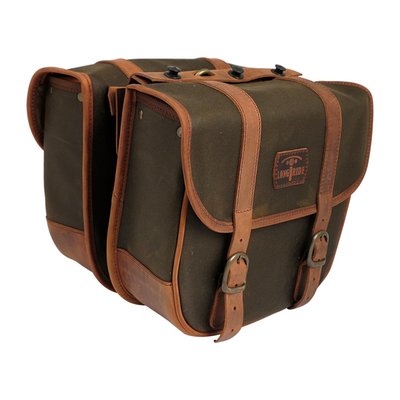 Nothing more universal usable than a set of throw-overs. 
Cowboys used them, now bikers do. Made of a combination of waxed cotton and leather. 
Leather is used on most abrasive point, like all edges and parts with the highest level of stress like the mounting flap and bottom part of the bag.
Complete with reinforced backside. 
Approx. dimensions: 29cm long x 26cm high x 12cm thick. 
Sold in pairs. 
Note: The 'Waxed Cotton' material, as used in the LongRide product line, is manufactured from approx. 650gr/m 100% cotton cloth. This cloth is impregnated with wax, which makes it durable and gives it water repellant characteristics. This is the historically correct predecessor of synthetic developments like, for instance, Goretex. This is the genuine classic material. 
