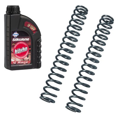 With fork oil. Set includes 2 fork springs for an upgrade installation. Springs are progressive wound. Manufactured from heat treated and shot blasted Cr-Si (chrome silicone) alloy steel. The K value represents the spring rate (stiffness) of the springs. A higher K number are stiffer springs, lower K number are softer springs. Kit includes 2 fork springs, fork oil and instructions. 