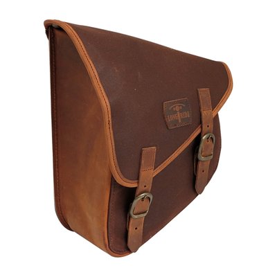 Mounts to left side of the swingarm. Complete with leather straps on the rear side for easy installation to the swingarm tubes.
Longride's durable waxed cotton is made of extra thick, 22oz in weight, French canvas and water repellant.
- Capacity 7 liters
- Approx. dimensions 36cm to 16cm high x 14cm deep x 25cm long