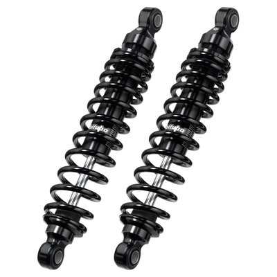 321mm eye to eye length. Manual adjustable preload. No adjustable rebound damping. 
Quality single chamber shock absorber with floating piston oil/gas separator to help prevent foaming of oil. 
- High resistance alloy steel shock absorber body 
- 12mm diameter steel damper rod 
- Gas pressurized (Nitrogen) 
- Floating piston oil/gas separator 
- CNC machined billet aluminum alloy heads 
- Spring preload (stepless) 
- Fully serviceable 
- Includes 2 shock absorbers, assembly instructions, manual and spring preload adjustment tool. 