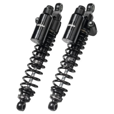 320mm eye to eye length. Chrome springs, chrome body, anthracite piggyback & shock ends. Manual adjustable preload. 
Piggyback shock absorber. With adjustable spring preload, adjustable compression damping & adjustable rebound damping. 
- High resistance alloy steel shock absorber body 
- 12mm diameter steel damper rod 
- Separate aluminum compensation chamber (piggy back)
- Gas pressurized (Nitrogen) 
- CNC machined billet aluminum alloy heads 
- Spring preload (stepless) 
- Rebound damping (5 or 7 clicks) 
- Compression damping (12 clicks) 
- Fully serviceable 
- Includes 2 shock absorbers, assembly instructions, manual and spring preload adjustment tool. 