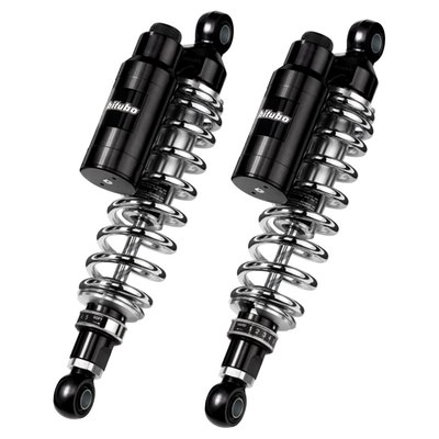 306mm eye to eye length. Chrome springs, black body, anthracite piggyback & shock ends. Manual adjustable preload & 10mm adjustable length. 
Piggyback shock absorber. With adjustable spring preload, adjustable compression damping & adjustable rebound damping. 
- High resistance alloy steel shock absorber body 
- 12mm diameter steel damper rod 
- Separate aluminum compensation chamber (piggy back)
- Gas pressurized (Nitrogen) 
- CNC machined billet aluminum alloy heads 
- Spring preload (stepless) 
- Rebound damping (5 or 7 clicks) 
- Compression damping (12 clicks) 
- 10mm adjustable length 
- Fully serviceable 
- Includes 2 shock absorbers, assembly instructions, manual and spring preload adjustment tool. 