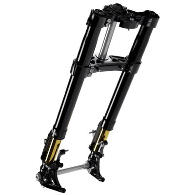 Black KR8 front end kit with Öhlins black anodized forks.
Front end upgrade for Baggers, designed specifically for performance upgrades to any level. Kit comes complete with Öhlins inverted front forks for superior handling and ride quality. Forks offer adjustable spring preload, compression, rebound damping. The Kraus KR8 Component Kit comes with upper & lower triple trees, fork stem, a 25mm wheel axle, Kraus radial brake mounts and fork guards to protect the fork sliders/seals from road debries. The result of this partnership between Kraus Moto and Öhlins racing technology, ensures you of a top-of-the-line front end and a perfect set-up for any standard to serious performance bagger.
This kit is a bolt-on installation with all required installation hardware to run factory/stock wheels*, brakes* and bodywork.
- Length 800 mm
- Stroke 120 mm
- Top clamp diameter 50mm
- Lower clamp diameter 54mm
- Wheel axle diameter 25mm
- Fork stem diameter 30mm
- Fully adjustable preload, compression & rebound.
Note: Please contact Motorcycle Storehouse Tech when ordering this fork. Tech Support can advise you on correct spring set-up for a specific rider weight and, if required, mods for Bagger Racing applications.
Note: The KR8 Front End Component Kit comes with a 25mm axle. If your bike has a 1"(25.4mm) wheel axle you will need to convert the wheel bearings to 25mm.
Note*: Compatible with 108mm radial brake fitment only.
Note: For compatible Kraus radial brake calipers see 706032 (left) and 706033 (right) RT3 caliper or 706034 (left) and 706035 (right) Kraus RTX8 road legal race calipers.
Note: Perfectly compatible with the Kraus Isolated Riser system, allowing a customizable riding position for improved ergonomics and even better control of your bike.
Note: See required 701518 front fender adapter kit for most 24-up H-D Touring models.