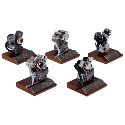 Includes: 61" JDH 1000cc 1915-1924 Racer, Knucklehead, Panhead, Shovelhead and 45" WL engines each on it's own wooden base, with a name plaque attached.
Measurements: JDH model height= 3-9/16'' JDH hwith base height= 4-3/8'' Knucklehead model height= 3-1/4'' Knucklehead with base height= 4-1/4'' Panhead model height = 3-9/16'' Panhead with base height= 4-3/8'' Shovelhead model height= 3-5/8'' Shovelhead with base height= 4-7/16'' WL model height= 3-5/16'' WL with base height= 4-1/8".