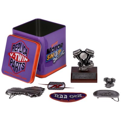 Includes a motor model, keychain, lapel pin, belt buckles and patches that can be ironed or sewn on.