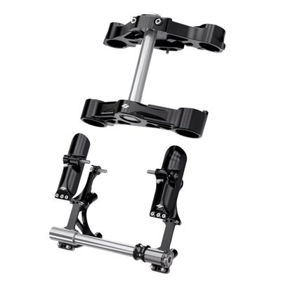Designed to be used with Öhlins 961994 (note) or 961993 (note) inverted forks only. 
When you have already updated your Bagger forks with a set of Öhlins 961994 or 961993 inverted forks, this is one more conversion upgrade that is to be considered. This Kraus KR8 Component Kit will replace the standard H-D triple trees with a high-end precision engineered high performance set-up that is CNC machined from solid 6061 billet aluminum. Bolt-on installation with all required installation hardware to run factory/stock wheels*, brakes* and bodywork. In combination with the Öhlins inverted forks your bike is converted to a great handling High Performance capable Sport Touring motorcycle. 
Note*: Compatible with 108mm radial brake fitment only. 
Note: The KR8 Front End Component Kit comes with a 25mm axle. If your bike has a 1" (25.4mm) wheel axle you will need to convert the wheel bearings to 25mm. 
Note: 701518 KR8 front fender adapter bracket kit is required for 23-25 CVO and 24-25 FLHX, 2025 FLHXU; 24-25 FLTRX models. 
Note: Please contact Motorcycle Storehouse Tech Support before you add Öhlins 961994 or 961993 inverted fork to your order. Tech Support can advise you on correct spring set-up for a specific rider weight and mods, if required, for Bagger Racing applications. 