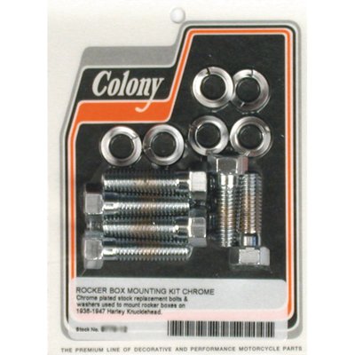 Chrome. OEM style reproduction. Hex bolts, machined from a solid steel bar, like the original. Complete with lock washers. Repl. 071 (2) upper bolt and 073 (2) lower bolt and 0261 (6) spring washers.