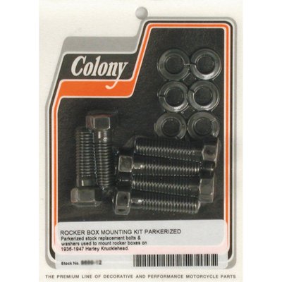 Black parkerized. OEM style reproduction. Hex bolts, machined from a solid steel bar, like the original. Complete with lock washers. Repl. 071 (2) upper bolt and 073 (2) lower bolt and 0261 (6) spring washers.