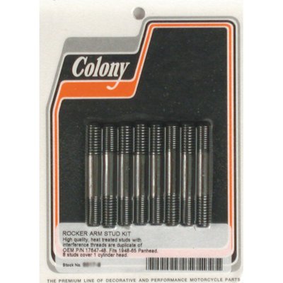 Black parkerized. OEM reproduction. 8-piece stud set for one cylinder head. Repl. 17647-48.