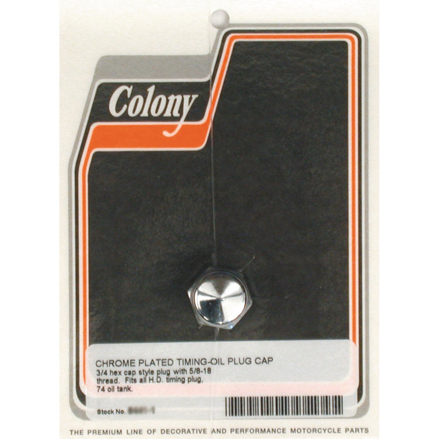 Colony, timing/drain plug. Cap style, Chrome