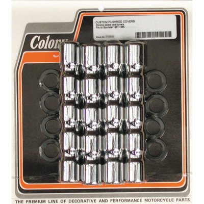 Chrome plated steel, custom ribbed, lower pushrod covers. Fits models with cork seals. Includes seals. Custom replacement for OEM 17937-57B.