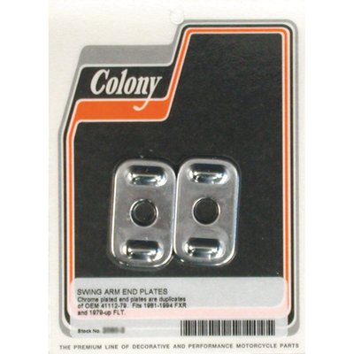 Chrome. Reproduction style end plate for rear wheel axle adjuster. Replacements for the OEM zinc plated 41112-79.