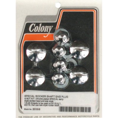 Chrome. Specialty set. Features right side nut with early 66-E71 B.T. & 57-E71 XL OEM slotted styling, threaded for use on L71-up models. OEM styling except the left side nuts which are Cap style, simular to stock but it is an all steel construction, and do not have the red plastic inserts. Complete set to fit left and right side of the rocker boxes.