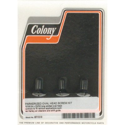Black parkerized. Domed slotted heads. OEM reproduction. Fits many early applications, amongst others these are used as air cleaner and tank shifter guide screws. 5/16-24 x 23/32. 
OEM replacement reference 33822-36 and 2210-36.