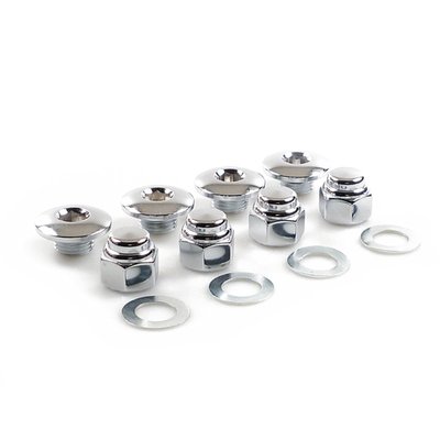 Chrome. Buttonhead. OEM styling except the nuts which are Cap style, simular to stock but it is an all steel construction, and do not have the red plastic inserts. Complete set to fit left and right side of rocker boxes.