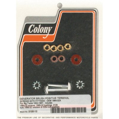 Zinc plated. Exact hardware reproduction. Incl. 6186 teminal insulating, 7220 terminal screw lock washer, 7634 terminal screw nut, 30460-32 positive terminal screw, 1x 30463-32 terminal screw bushing. 
OEM replacement reference 30461-32, 1664-32A kit.