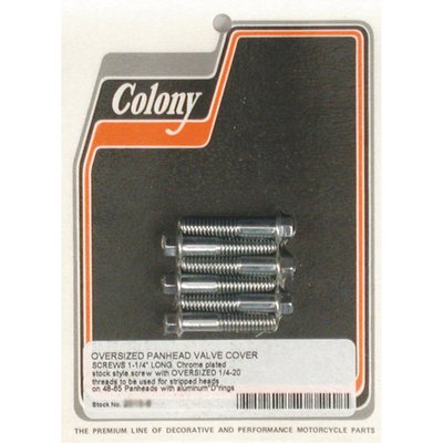 Chrome. Long bolts, for use with aluminum D-rings. These are OEM style screws with oversized 1/4-20 threads. Used when stock threads in cylinder head are stripped.