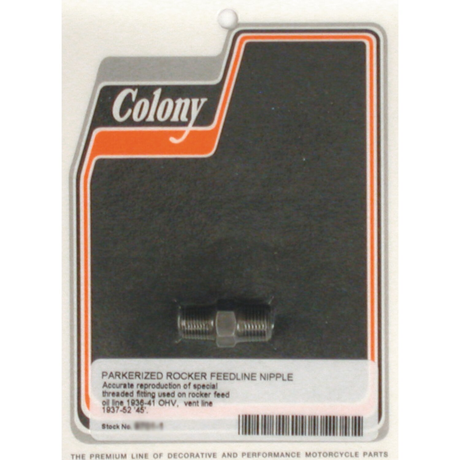 Colony, rocker box oil feed fitting, Black, Raw