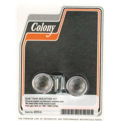 Chrome plated flathead bolts with countersunk washers. 
Used to mount the front side of 84-99 style flat side fuel tanks. 