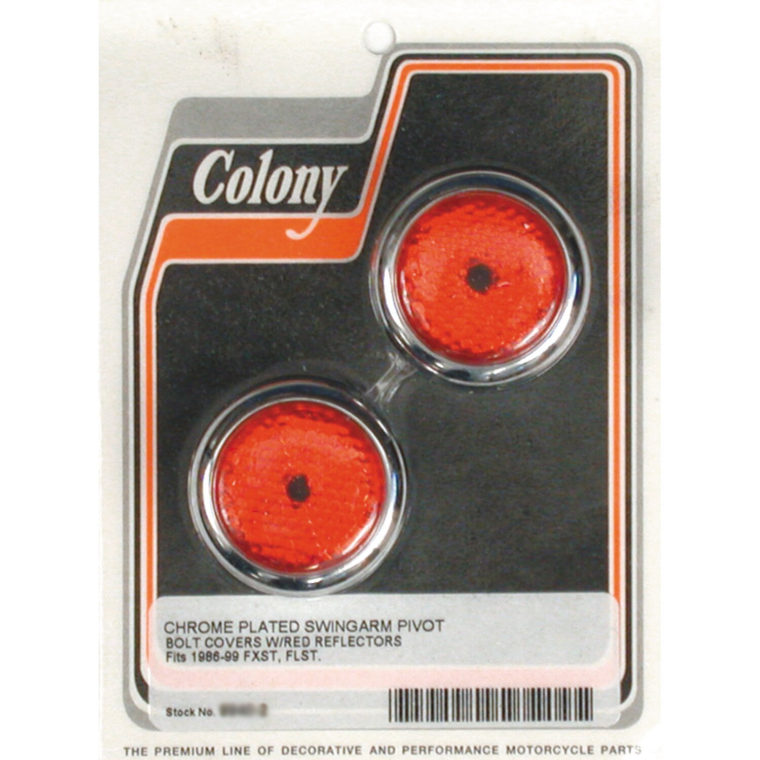 Colony, swingarm pivot bolt cover set. Red reflector, Chrome