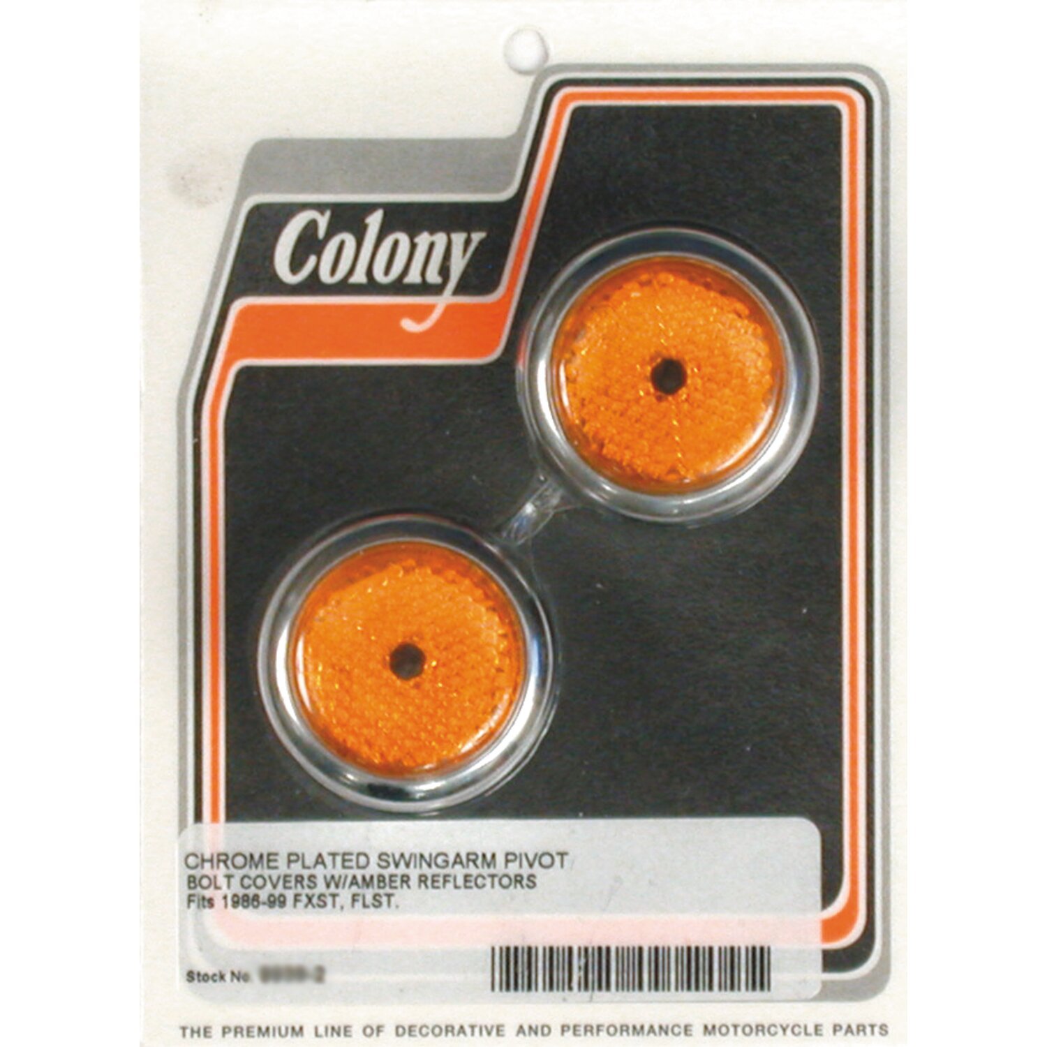 Colony, swingarm pivot bolt cover set. Amber reflector, Orange, Chrome