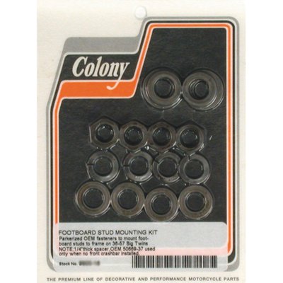 Black parkerized. Reproduction of OEM hardware. 
Used to mount floorboard studs to the frame. 
OEM replacement reference 7035, 7691, 7045, 6448, 7789. 
Note: OEM 50669-37 1/4" thick spacer is used only when no front crash bar / engine guard is installed. 
