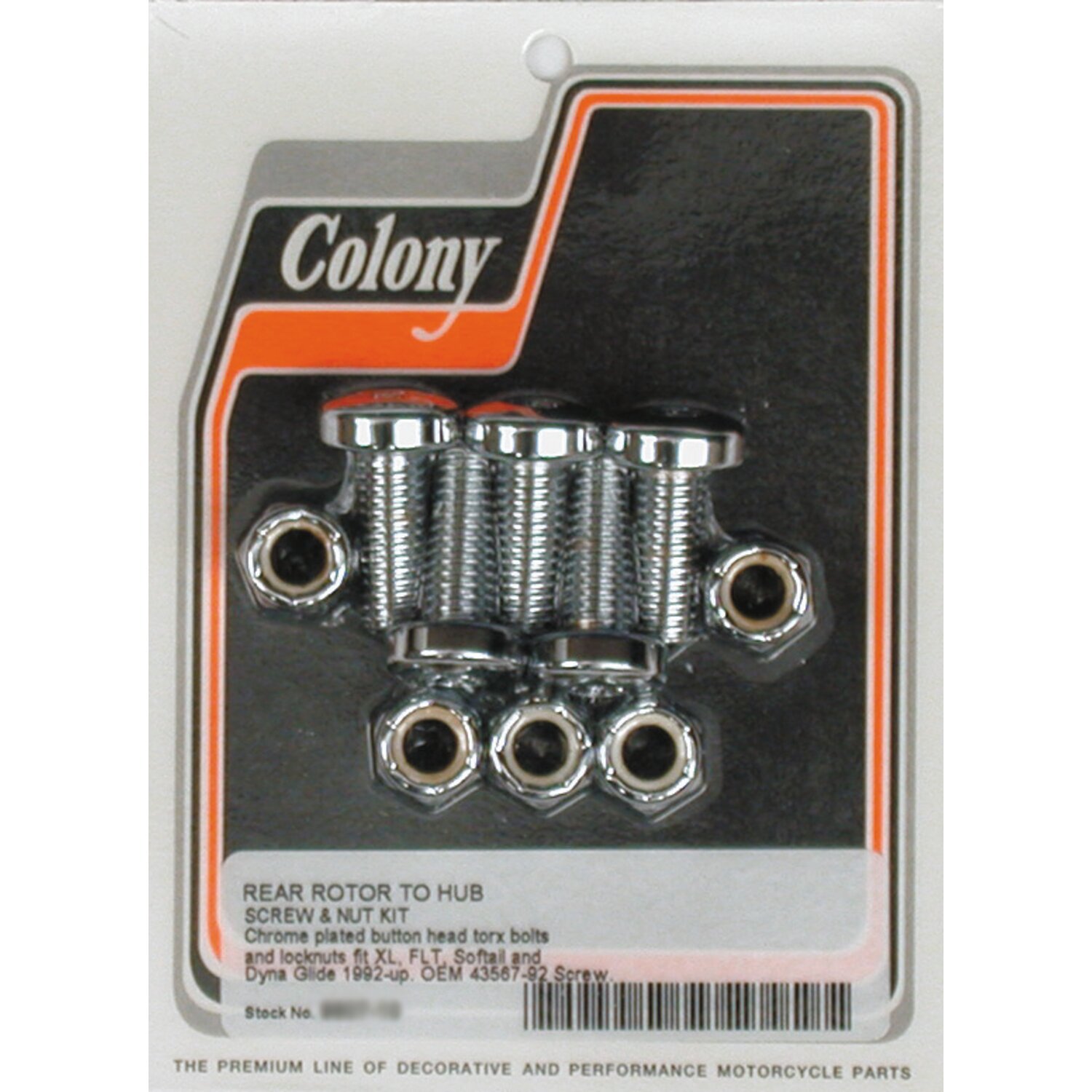 Colony, rear brake rotor bolt & nut kit. Chrome Torx