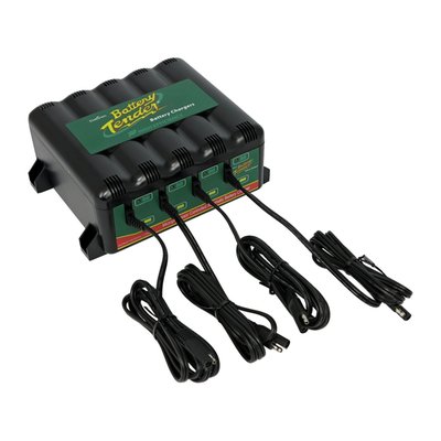 UK wall plug. 4 bank charger 12V. Allows charging / maintaining 1 up to 4 batteries at once. Dimensions: 19.5cm wide x 9cm high x 17.5cm Deep.Microprocessor controlled, 100-240V compatible. Adapts to battery needs and offers fully automatic 4-stage charging program, initialization / bulk charge / absorption mode / float mode, as required. A red LED indicates a 'dead' battery or something else when the battery is unable to take the charge. A green LED blinks during the charging process, until the battery is at least 80% charged. A constant lighting green LED indicates the battery is ready for use. Charges all flooded, sealed, maintenance free, AGM and lead acid batteries. CE approved. 
Note: When using multi-bank chargers, with the batteries in the bikes, you can order 990048 quick-disconnect cable which offers 25 foot (7.5 meters) of convenience.