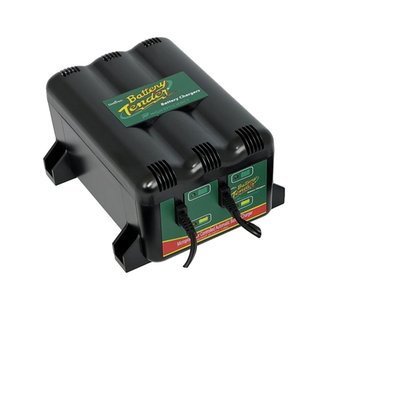 EU wall plug. 2 bank charger 12V. Allows charging / maintaining 1 or 2 batteries at once. Dimensions: 11.5cm wide x 8.5cm high x 17.5cm deep.Microprocessor controlled, 100-240V compatible. Adapts to battery needs and offers fully automatic 4-stage charging program, initialization / bulk charge / absorption mode / float mode, as required. A red LED indicates a 'dead' battery or something else when the battery is unable to take the charge. A green LED blinks during the charging process, until the battery is at least 80% charged. A constant lighting green LED indicates the battery is ready for use. Charges all flooded, sealed, maintenance free, AGM and lead acid batteries. CE approved. 
Note: When using multi-bank chargers, with the batteries in the bikes, you can order 990048 quick-disconnect cable which offers 25 foot (7.5 meters) of convenience.