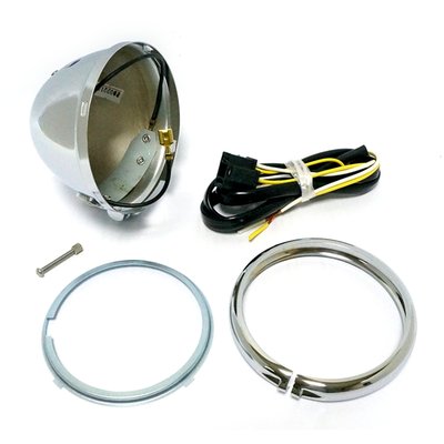 With blue dot. 
Chrome plated steel. Bottom mount. Complete with bucket/shell, trim ring, insert ring for light unit and wiring with H4 connector. 
Note: Without mounting block.