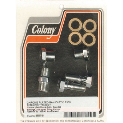 Chrome plated. OEM reproduction. For rocker oil feed line. Kit includes 3572-36B banjo bolts, 9536 threaded bushings, 3615-36 cam cover fitting and 3572-36C brass washers.