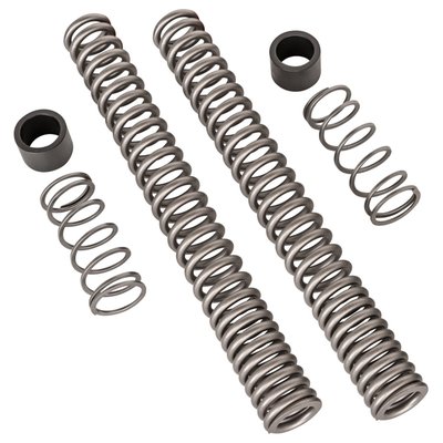 Designed to give you a lowered front end for a superior ride and that slammed low look. Reduces front end 'dive' during braking, giving you more control and confidence. Includes instructions and all components required for a bolt-in installation. 
Note: Since the the bike is lowered the side stand may require modification. 
Note: Complete with fork spring spacers. Cut to around length indicated, longer is more preload, shorter is less preload, to suit your personal preference and weight. 
Note: For the matching 12.2" long Slammer rear shock see 993382. 