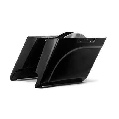 5" down and 5" rear stretch provides that slammed long look, even without lowering. Angle cut to help improve cornering. Otherwise these are direct replacement for your stock bags and even adds additional storage space. Installs to the same places as stock and stock mounting hardware and lids can be re-used. Made of hand-laid unpainted black gel coated fiberglass that is very stiff, strong, straight and light. Comes with dual exhaust cut-outs for up to 4.5" diameter mufflers.
Note: Saddlebag lids sets are optionally available.
Note: Requires drilling and fitment checks before painting and final assembly.